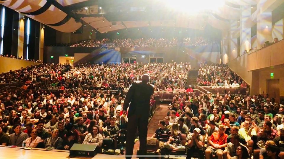 Dr. Karim R. Ellis speaking to a large Purdue University audience